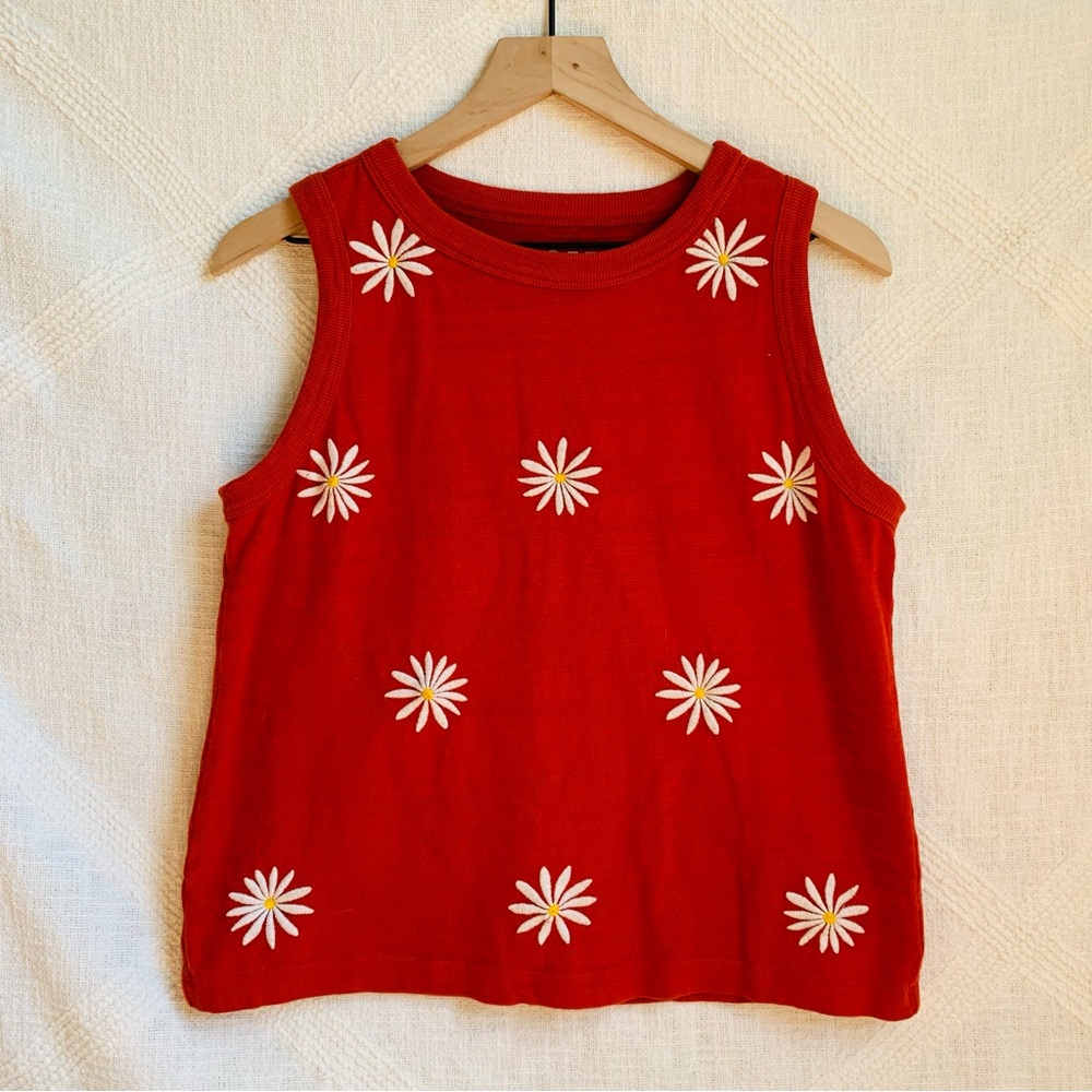 Loft Basic Cotton Tank Top Embroidered Daisies Strawberry Orange Summer Shirt M